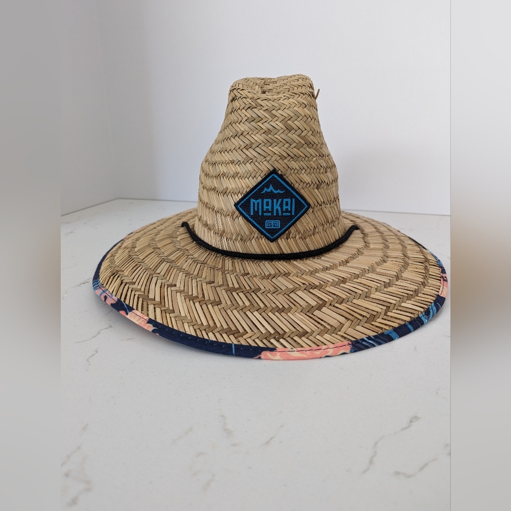 Makai straw hat Hawaiian lifeguard chin strap elastic head piece tropical print